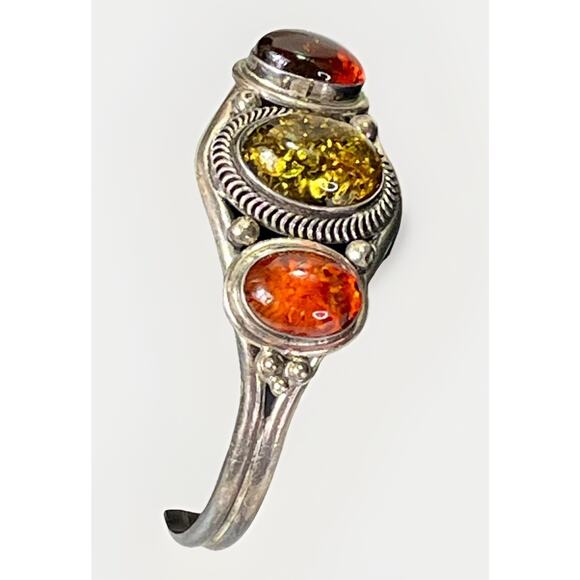 Signed Navajo Sterling Silver Amber Gemstone Cuff Bracelet 925 Native American - Picture 3 of 15